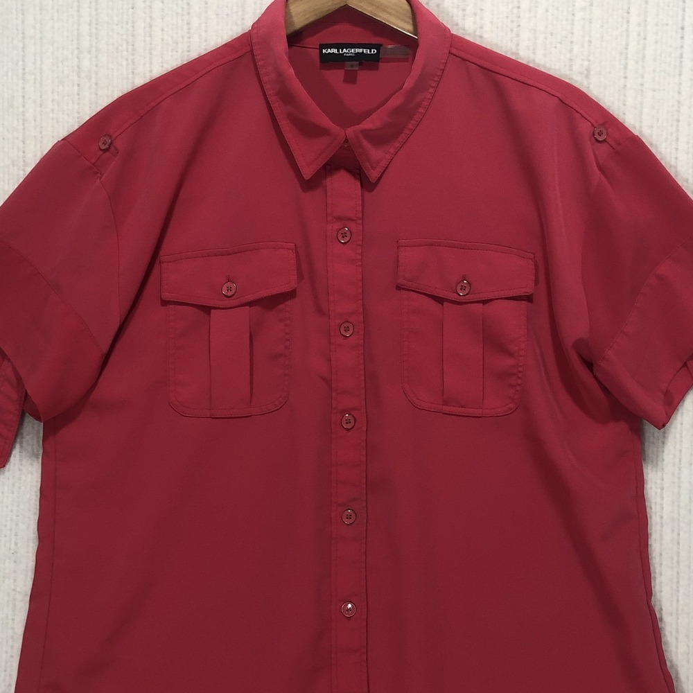 Karl Lagerfeld Paris Womens Short Sleeve Button Down Shirt Pink Size L LKPIS1101